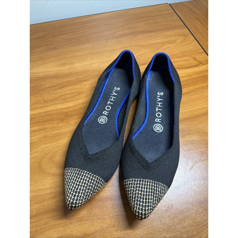 Rothy's The Point Black Pointed Toe Gold Cap Toe Slip-On Flats Knit US 9